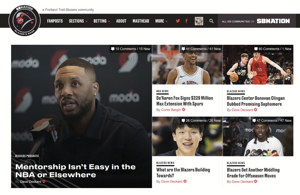 Old front page of Blazer's Edge, with five articles in a panel with images and headlines.