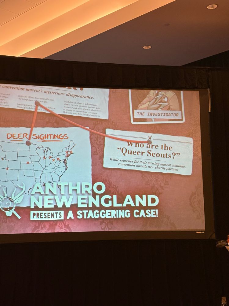 Image of a large screen with the words anthro New England and a newspaper clipping with the headline who are the queer scouts 