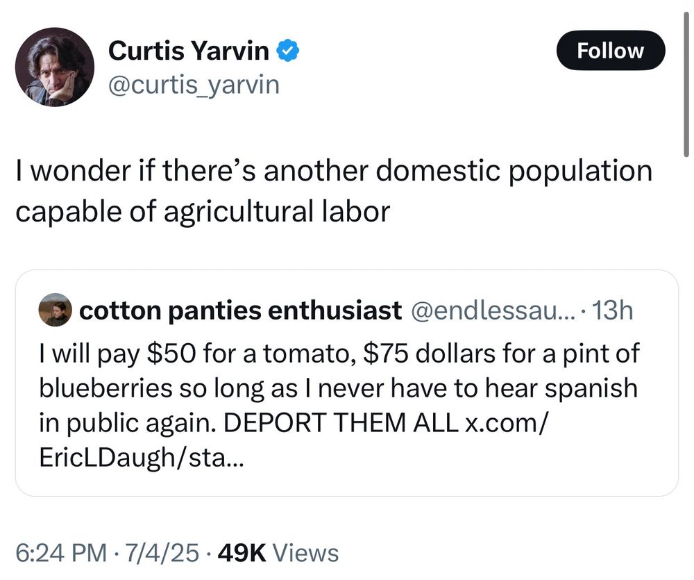 Screenshot of a Yarvin tweet where he is advocating slavery 