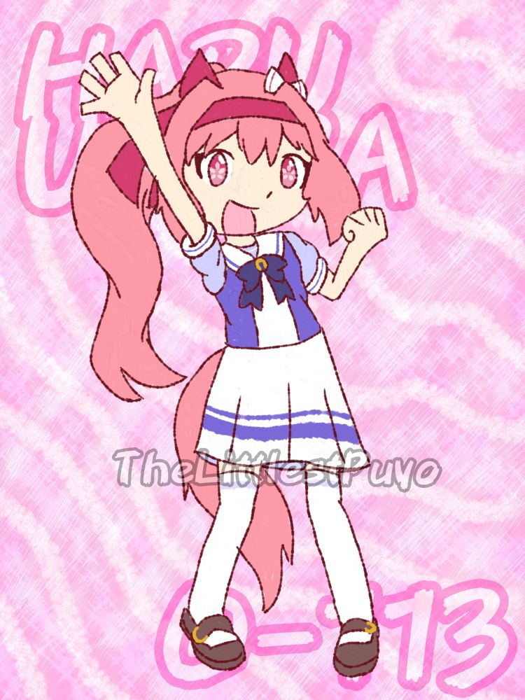 A cute anime-inspired drawing of a character, Haru Urara from Umamusume: Pretty Derby, in front of a pink background. She looks happy! Probably thinking about running.