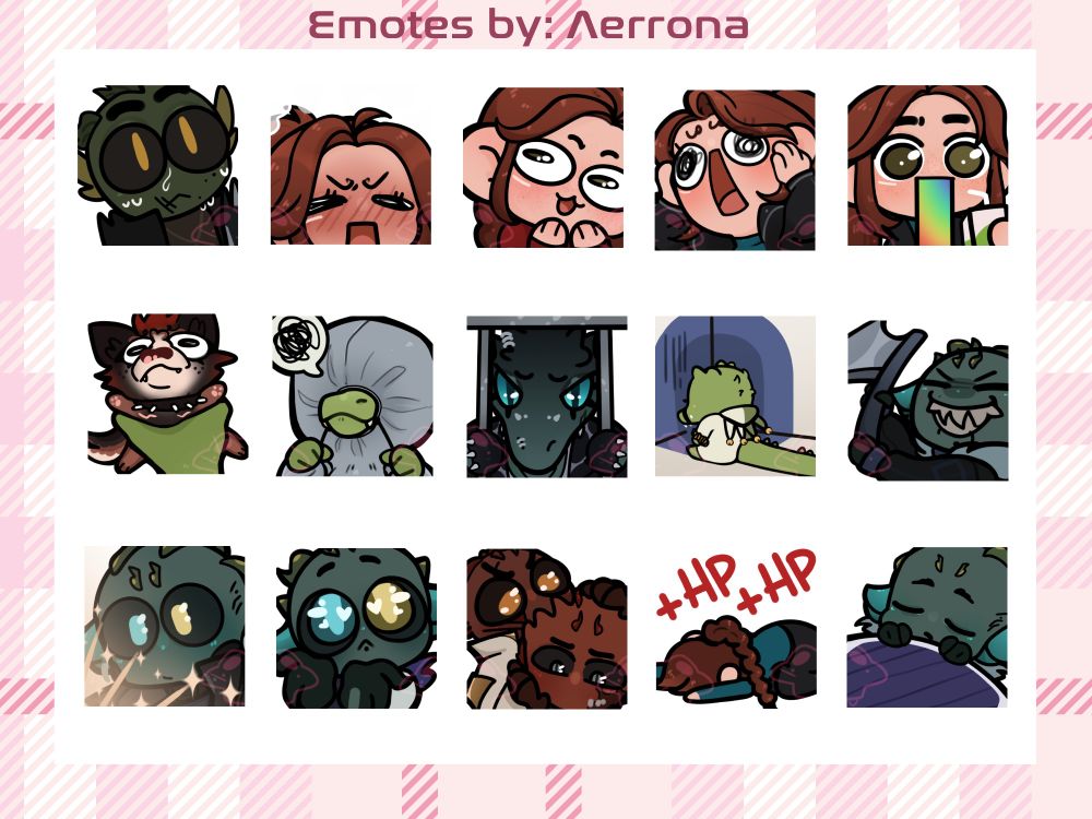 A sheet with 15 various emotes (i.e blushing, scared, sleeping, frustrated, squeezing someone) of a multitude of furry, human, and alien ocs. 
