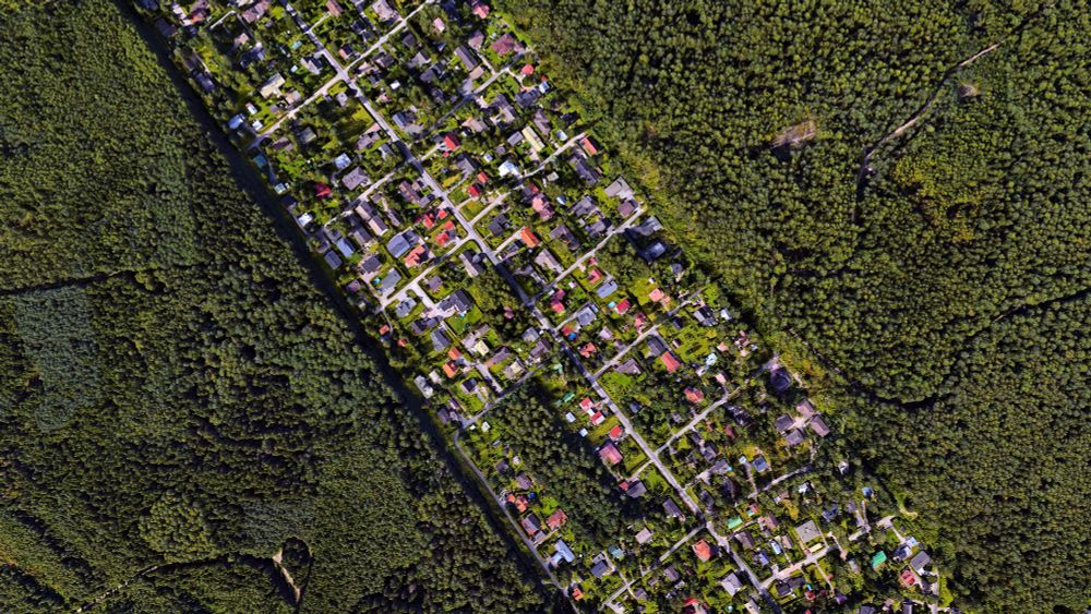a satellite picture of a residential suburban are, forming a thick diagonal of houses and gardens that passes through a dense forest of a dark green color