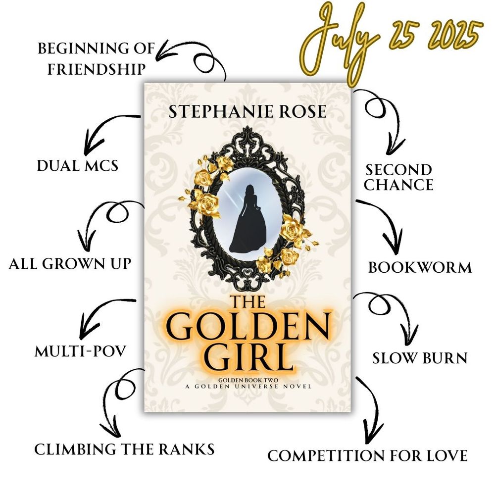 Cover of THE GOLDEN GIRL with arrows pointing to its tropes: beginning of friendship, dual MCs, all grown up, multi-pov, climbing the ranks, second chance, bookworm, slow burn, competition for love