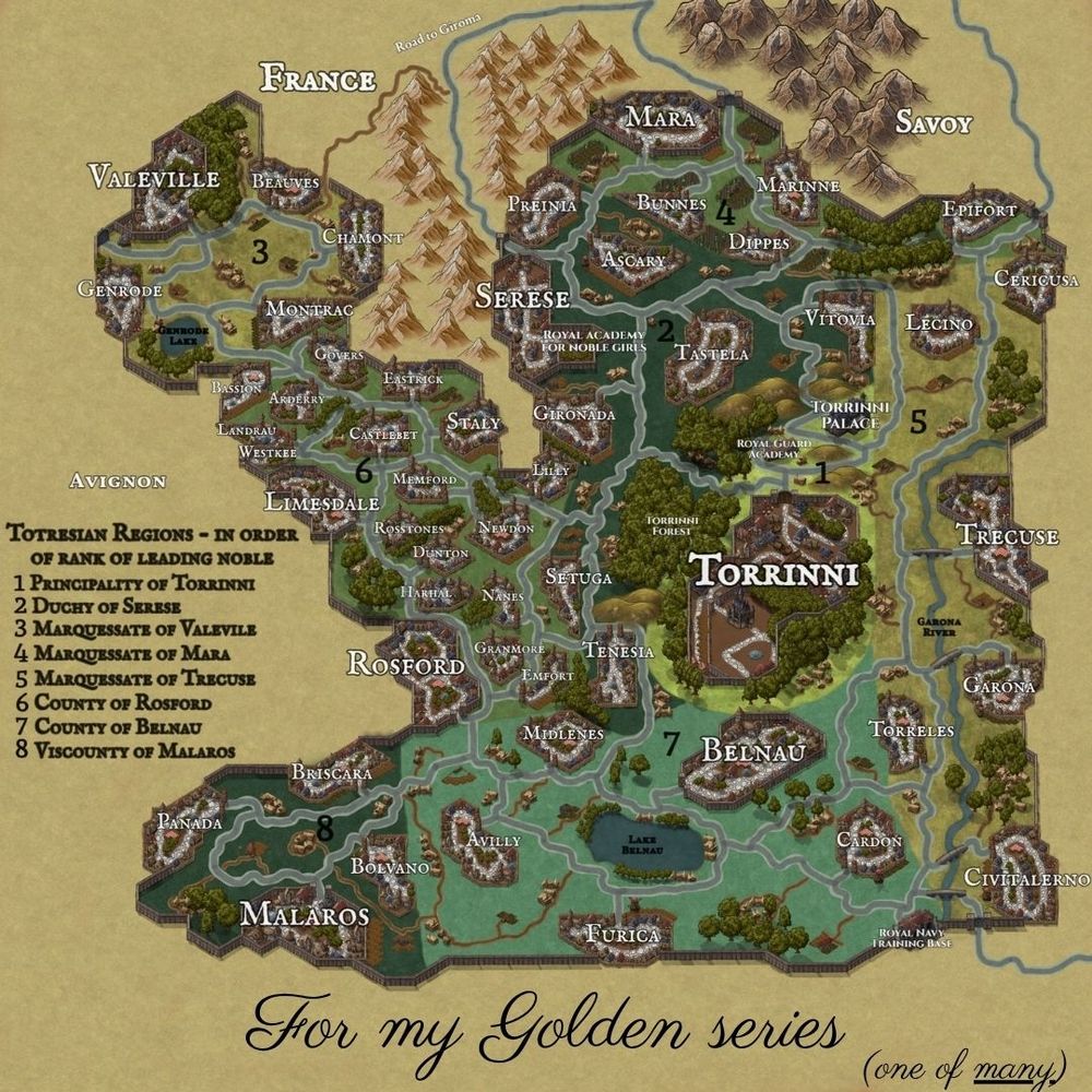 Inkarnate map of the made-up country of Totresia, from my historical romance series, Golden