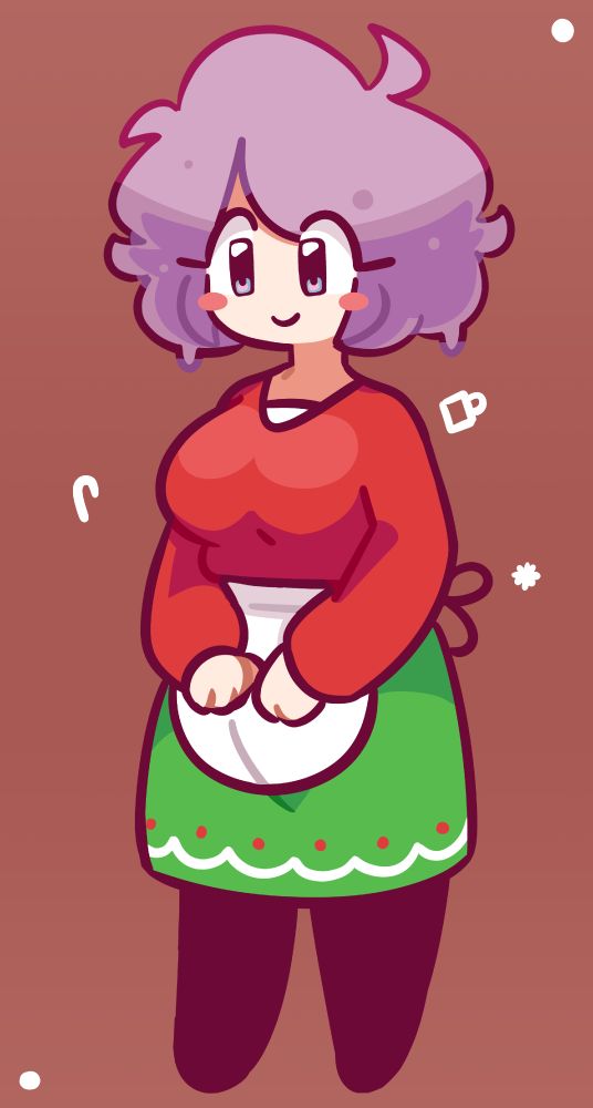 a purple-haired girl wearing a christmasy outfit with a red top and green bottom, there are a few mini christmas-related symbols floating around her
