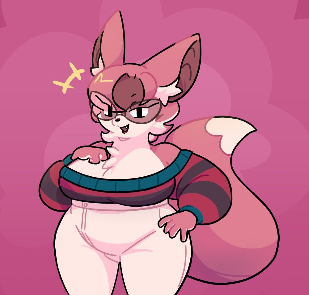 a pink fox lady wearing a sleeveless sweater and jeans 