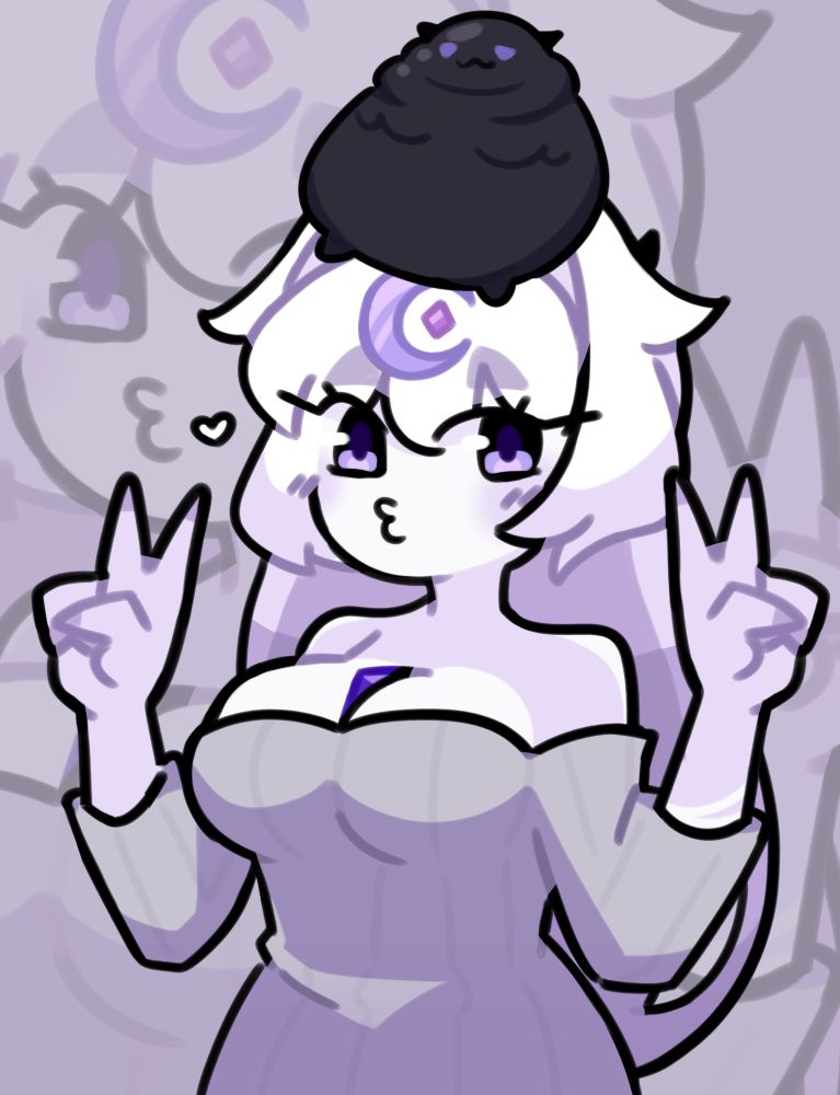 woman with white hair and skin with a creature on it's head, holding up peace signs