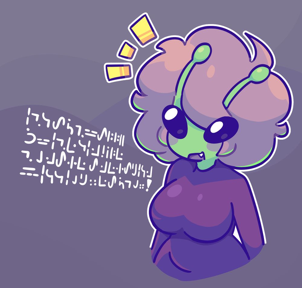 an alien girl with short + puffy purple hair and green skin with two antennae, she is wearing all purple and has big black eyes, she is rambling something in the standard galactic alphabet