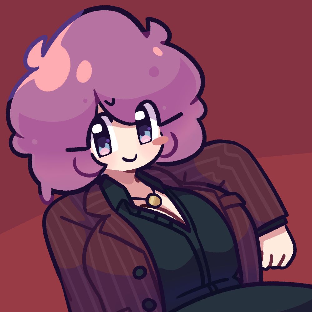 a girl with fluffy purple hair that has a slight slimy texture wearing a black suit with a red suit jacket, unbuttoned slightly

she is wearing a necklace with a gold coin attached with her arm raised against something as if relaxing