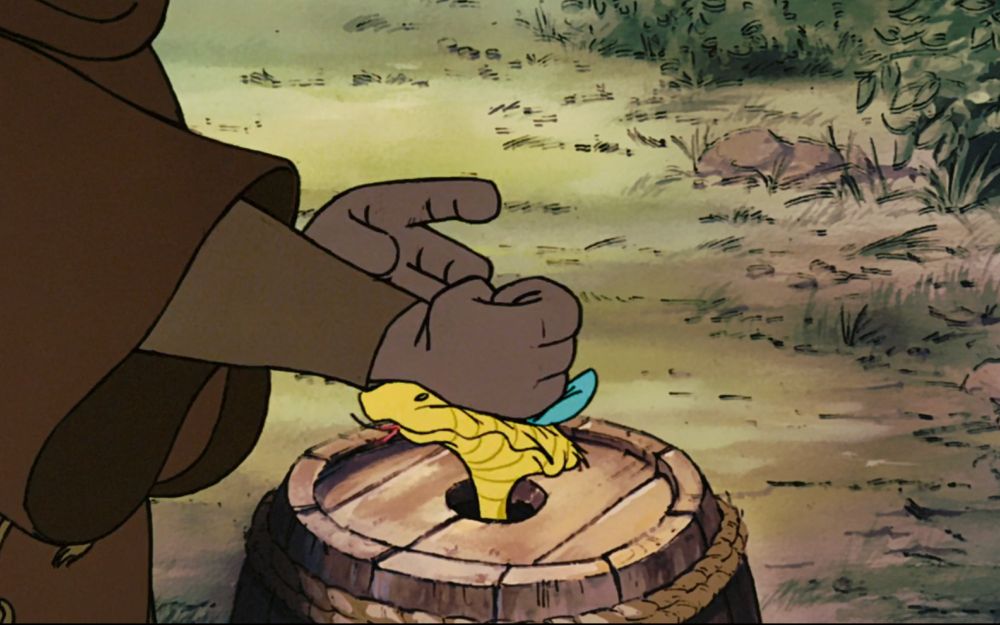Friar Tuck pounds Sir Hiss's head into the barrel