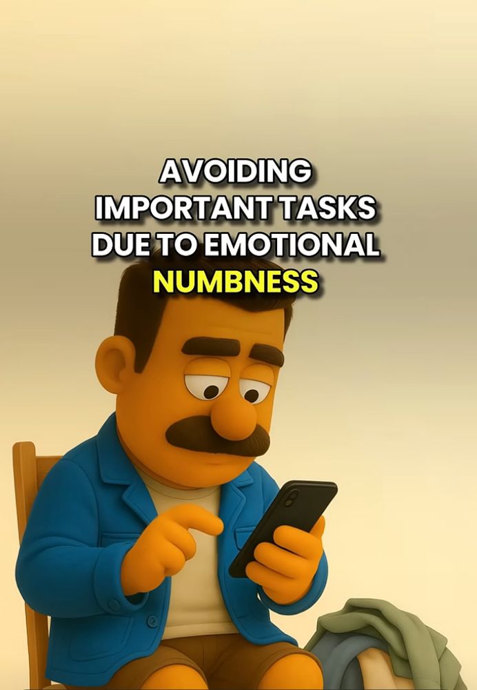 Sad AI(?) claymation man scrolling his phone while sitting next to a pile of laundry with text that says "avoiding important tasks due to emotional numbness"