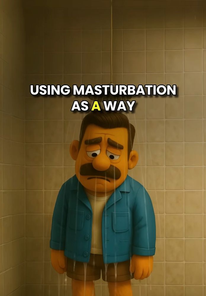 Sad AI(?) claymation man wearing shorts and a blue jacket in the shower and text that says "using masturbation as a way"