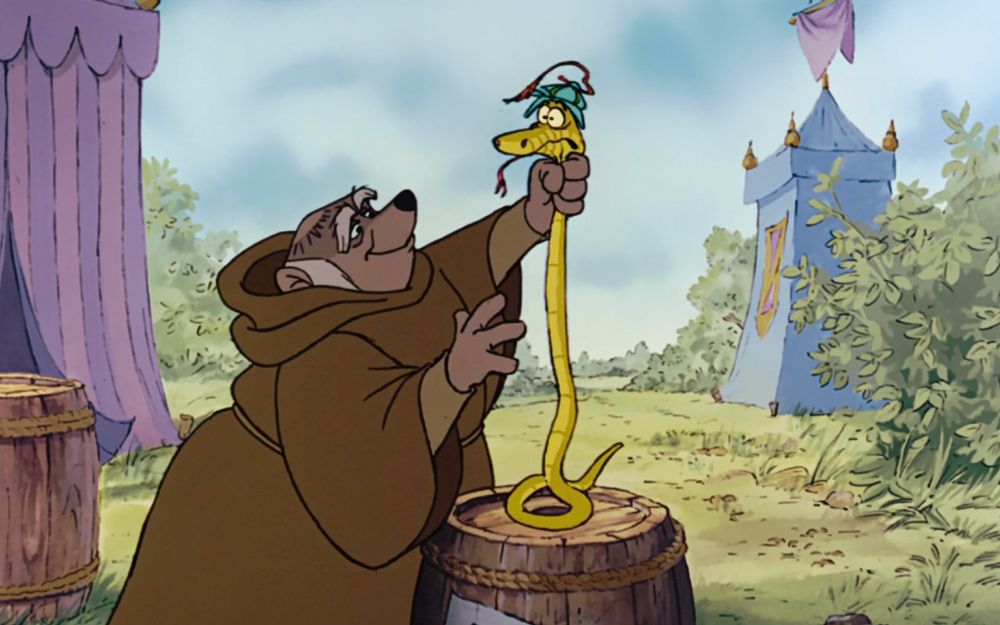 Friar Tuck cheerfully grabs Sir Hiss after he falls onto a barrel