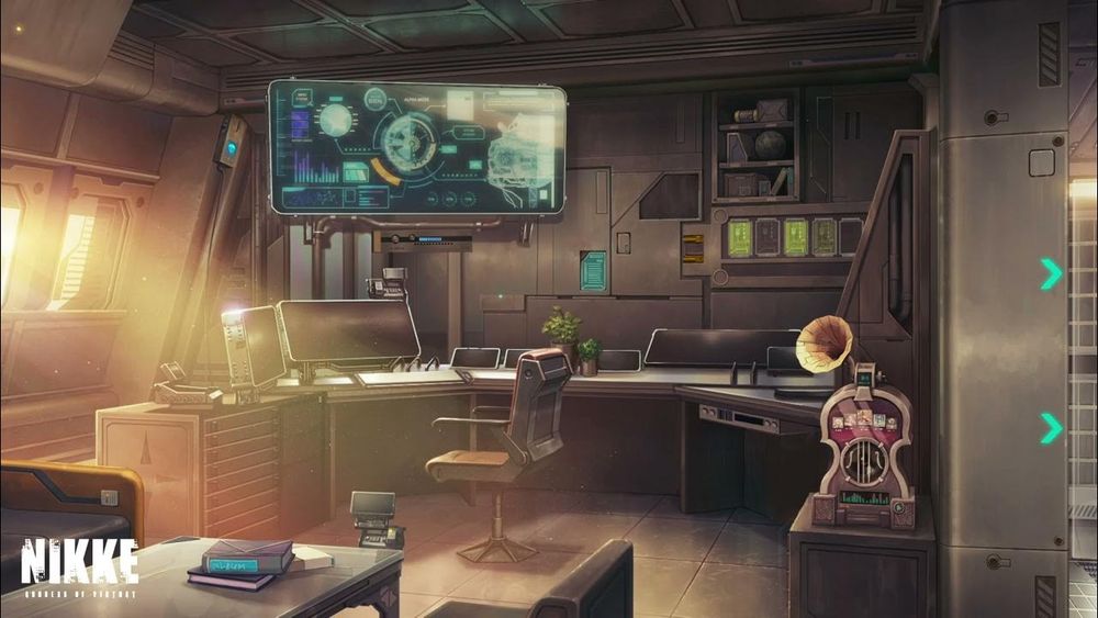 A screenshot of the Command Center from Goddess of Victory: Nikke. It's a workspace for the Commander (the player). You can always find Nikkes from Counters here. Or Helm in the shower. Or K in the shower. Apparently the only good shower is in the Command Center.