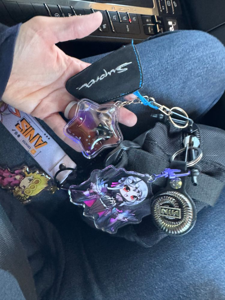 L-R (if you rotate it with my hand on the bottom): Supra car key rofl, chocokat, Anis jet tag (forgot the name of the vendor/artist, I’ll get a better pic, Chris hit a damn pot hole all three times I took the pic lol fucking Colorado roads), Giorno (also forgot the artist name), Modernia by Naytendo, and a Nine Inch Nails AirTag holder (official merch).