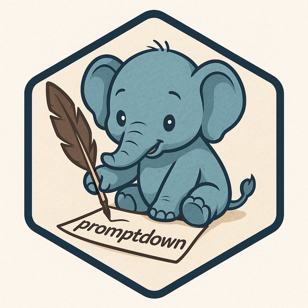 The package logo, a small cute elephant holding a quill and writing promptdown