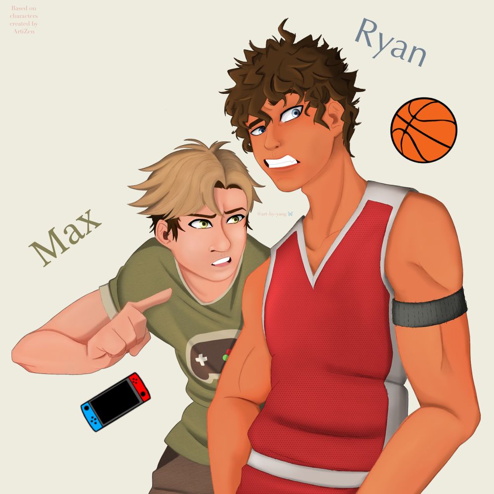 Characters created by ArtiZen Max and Ryan (left and right respectively) standing side by side, judging someone off screen. Max is blonde, wearing a green shirt with a game controller on the front of it and brown shorts. Ryan is a brunette wearing his red and white basketball uniform and a grey-black arm band. 