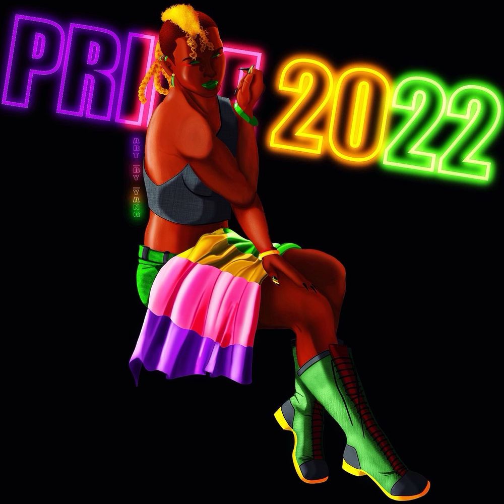 My OC Naomi Tembo clad in sapphic lesbian themed clothing featuring combat boots,shorts, a crop top, and a flag. Done for Pride 2022.
