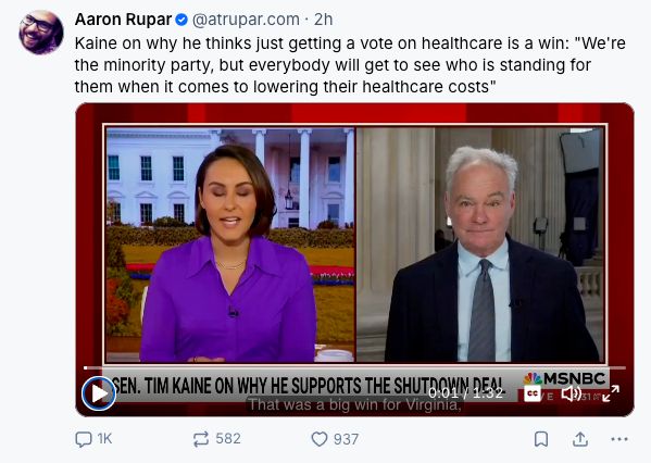 Kaine on why he thinks just getting a vote on healthcare is a win: "We're the minority party, but everybody will get to see who is standing for them when it comes to lowering their healthcare costs"