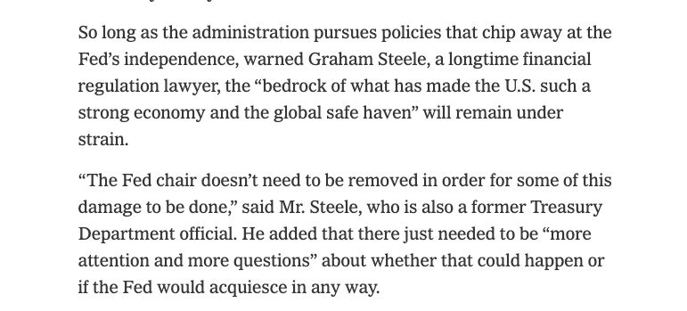 So long as the administration pursues policies that chip away at the Fed’s independence, warned Graham Steele, a longtime financial regulation lawyer, the “bedrock of what has made the U.S. such a strong economy and the global safe haven” will remain under strain. “The Fed chair doesn’t need to be removed in order for some of this damage to be done,” said Mr. Steele, who is also a former Treasury Department official. He added that there just needed to be “more attention and more questions” about whether that could happen or if the Fed would acquiesce in any way.