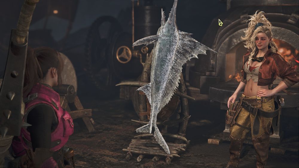 A screenshot from Monster Hunter WIlds repicting the blacksmith standing gleefully next to a freshly forged Speartuna Greatsword (a sword shaped like a fish).