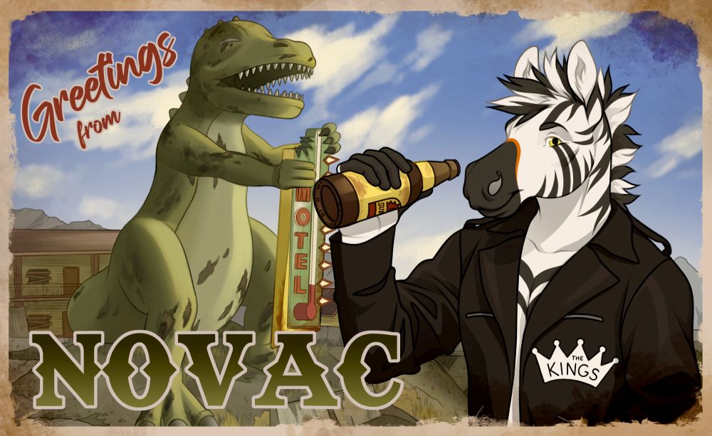 Zebra in a bomber jacket drinks a sunset sarsparilla with greetings from New Vegas