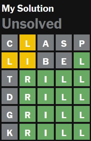 Pic of wordle bot trying, and failing to solve today's wordle puzzle.  The last four guesses all end in "rill".