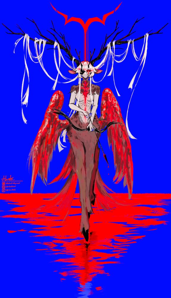 A deer centaur standing in a trail of red, bow poised to strike.