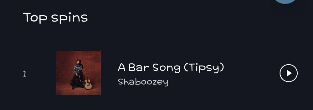 Pandora screenshot. "TOP SPINS: A Bar Song by Shaboozey"