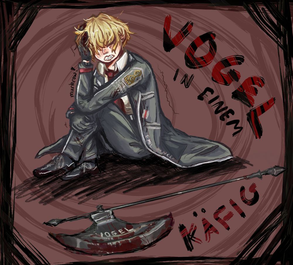 digital painting of emil sinclair from limbus company, curled up in a ball and crying. his left hand is covrred in blood and his axe, covered in blood also, is laying nearby. the sentence "vogel in einem käfig" is painted in large font around him.
