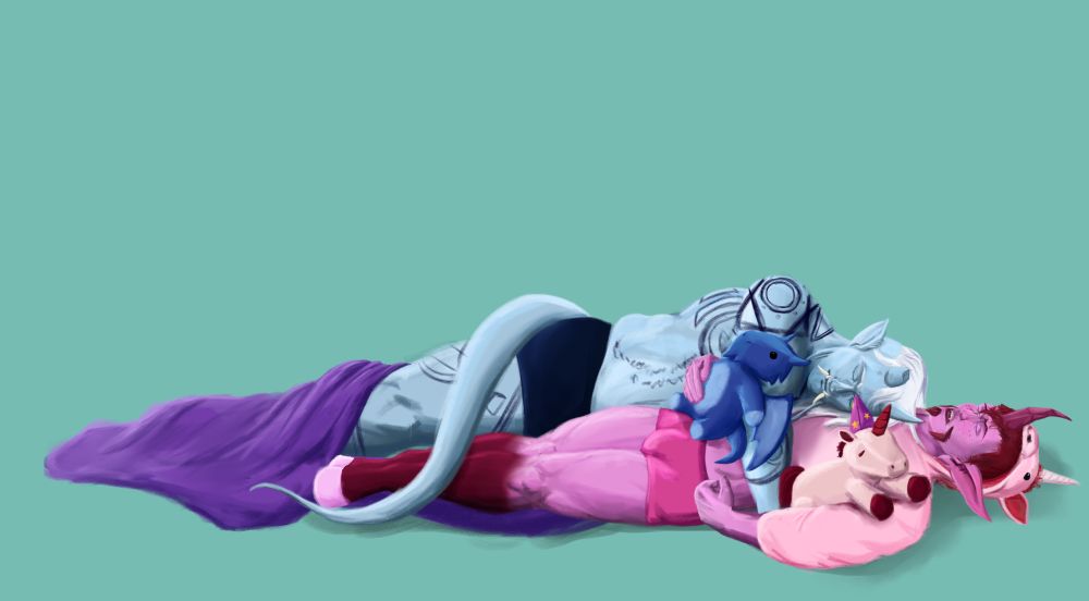 Soren and Agxir lie down sleeping together, with Agxir holding onto Soren and resting his head on Soren's chest. Soren is wearing a unicorn onesie (or half of one) and holding onto a unicorn plushie wearing a handmade wizard hat, and a blue dragon plushie he gave to Agxir.