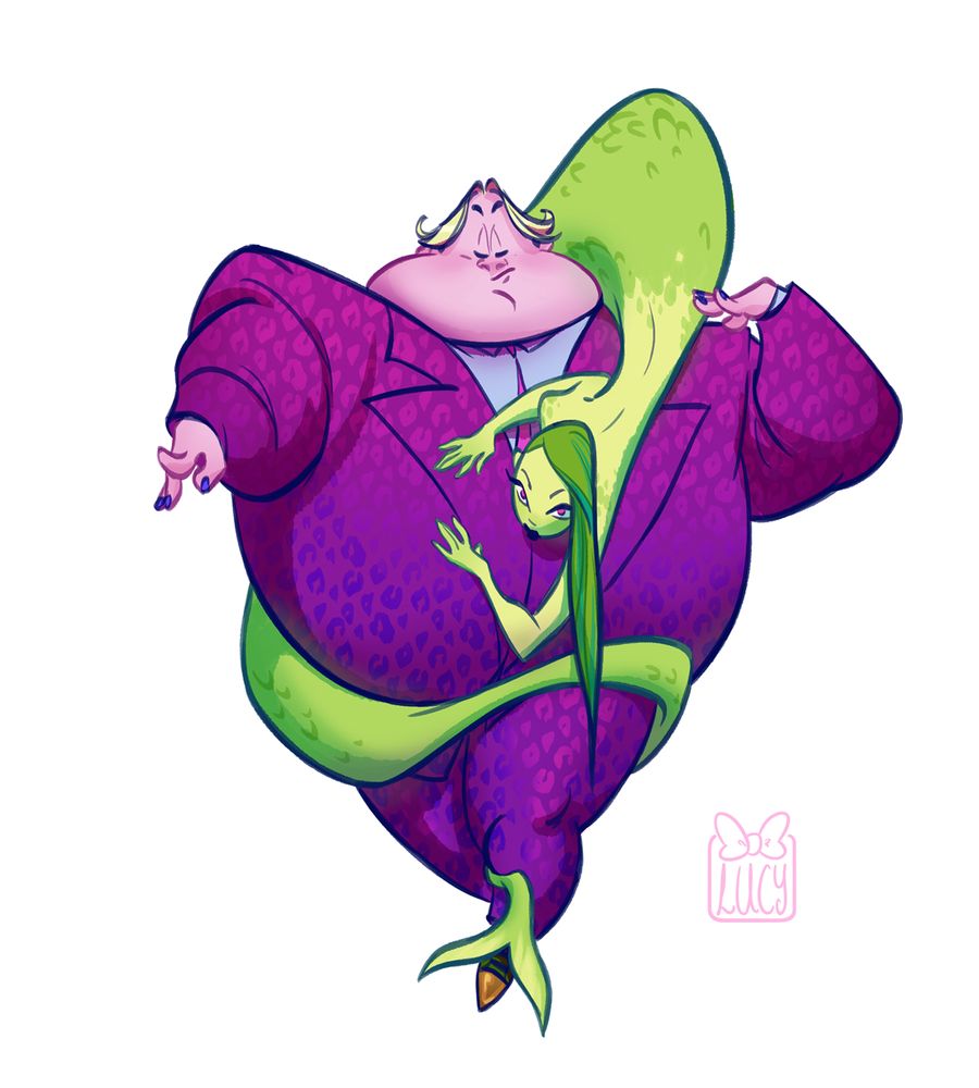 Character design of a man wearing a leopard print suit and has a mermaid wrapped around them