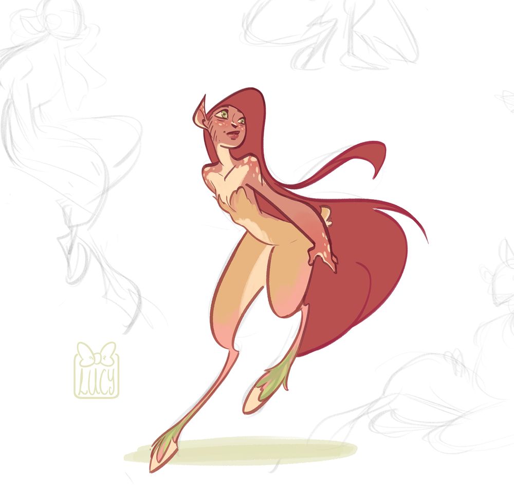 Coloured sketch of a faun character among some rougher, unfinished sketches of fauns