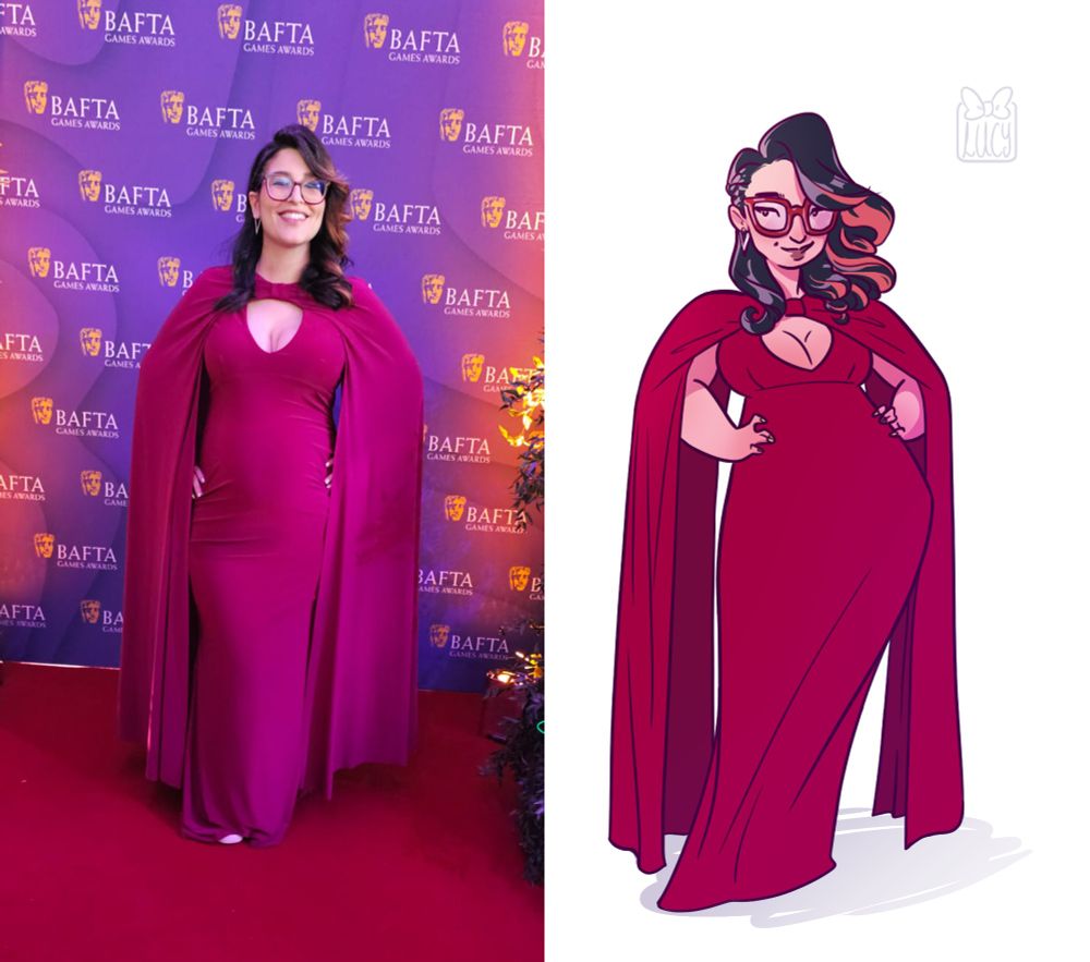 On the left is a photo at the BAFTAs and on the right is a drawing of the outfit in the photo