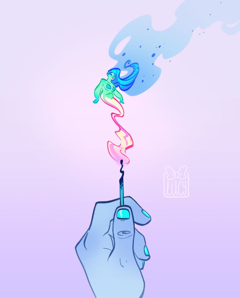 Illustration in pastel colours of a hand holding a lit match. The flame turns into a mermaid