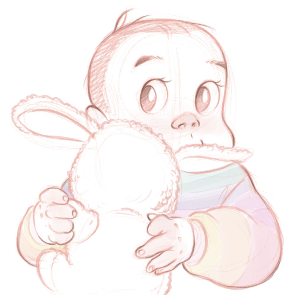 Sketchy pastel drawing of a baby and a teddy