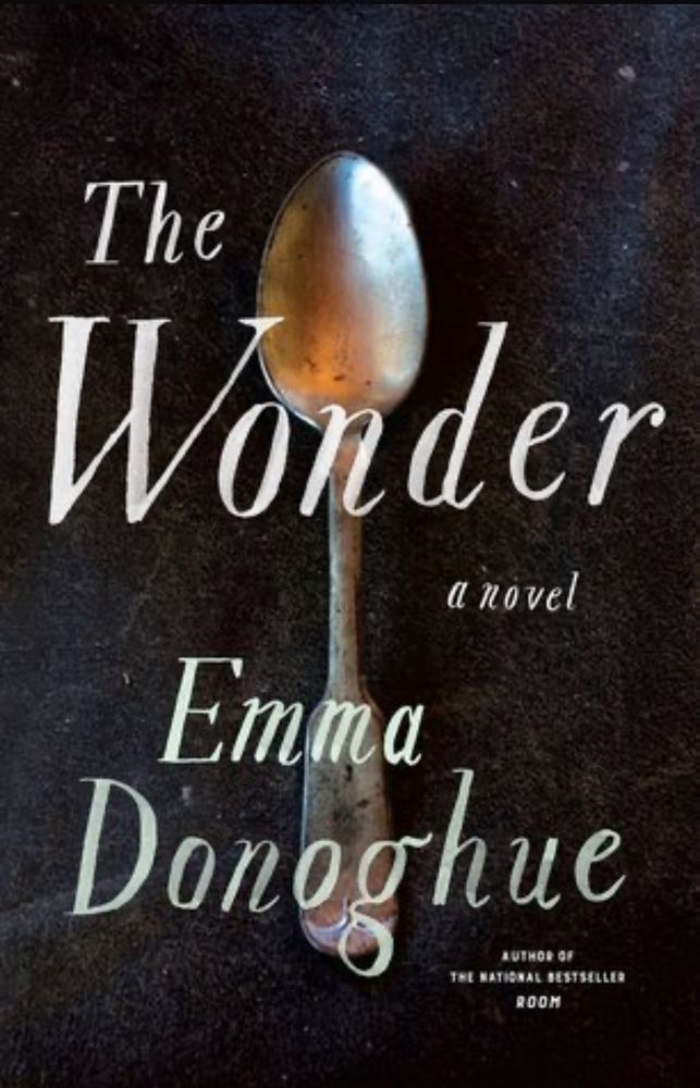 Cover of “The Wonder” by Emma Donoghue. The cover has a black background with a spoon laid vertically in the center. The words are hand painted. 
