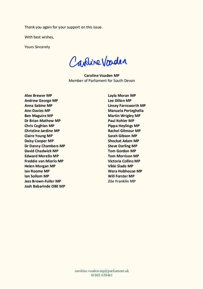 "Thank you again for your support on this issue."

2nd page showing signature of Caroline Voaden and co-signed by supporting MPs including Dr Danny Chambers.