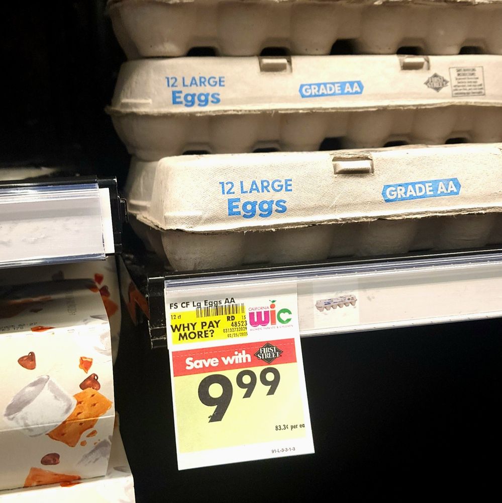 Egg pricing at discount grocery in San Diego California $9.99 a dozen USD.