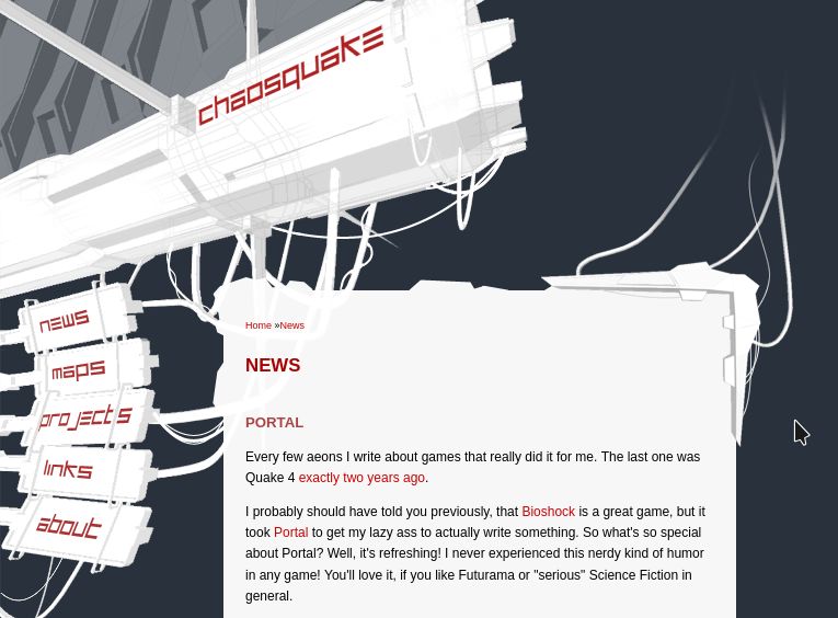 chaosquake dot de from 2007. there is a big mechanical foreboding structure with the logo and smaller structures make the site nav. big white wires hang from everything