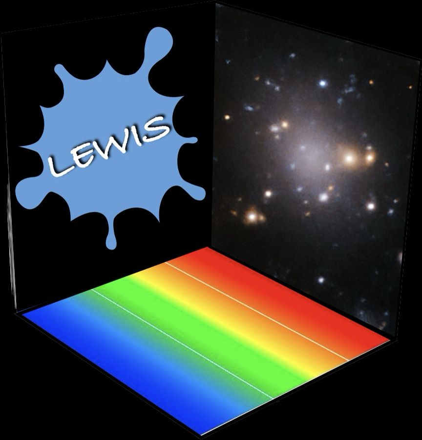 Logo of the LEWIS collaboration: cube with one side showing a rainbow visualising the wavelength axis of our data, one the image of an ultra-diffuse galaxy, and the third side a light-blue splash with the text 'LEWIS' written on top. Logo design by Enrica Iodice (INAF).