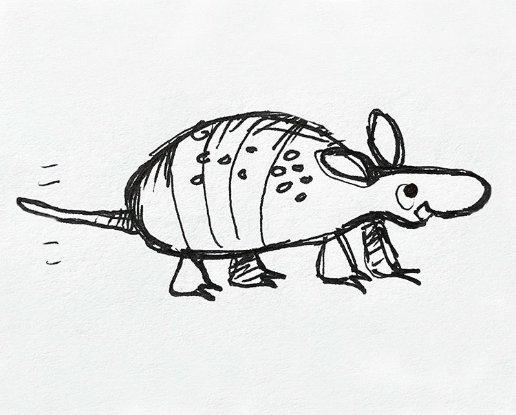 Ink sketch of a grinning aardvark, wagging his tail.