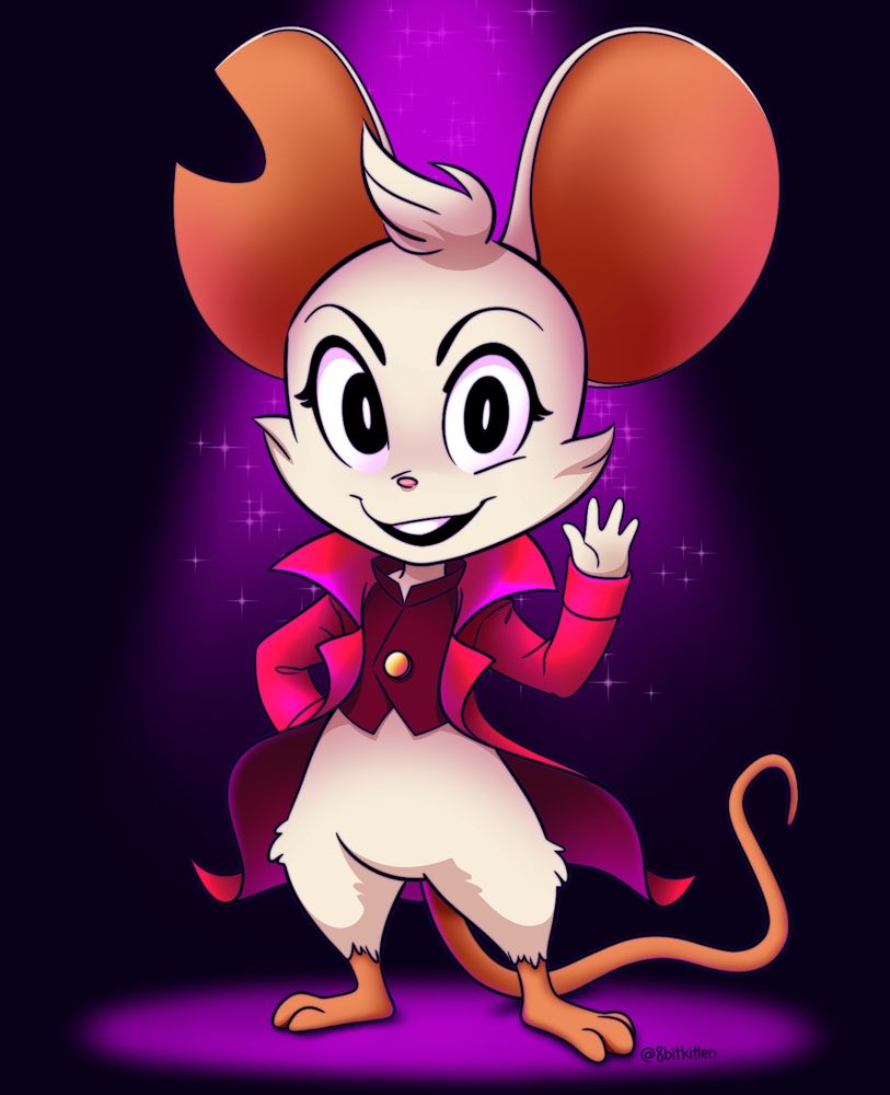 fan art of Mina the Hollower waving hello, she is a cream-colored mouse with big round ears, she is wearing a red coat and a crimson undershirt with a big yellow button, a spotlight is shining down on her in front of a dark violet background