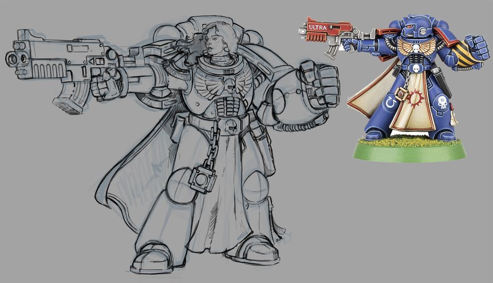 Fan art sketch of a Fem Space Marine based on a famous mini.
