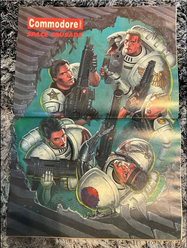 Commodore Format magazine poster for Space Crusade with a bunch of characters that look like celbs and fem marines.