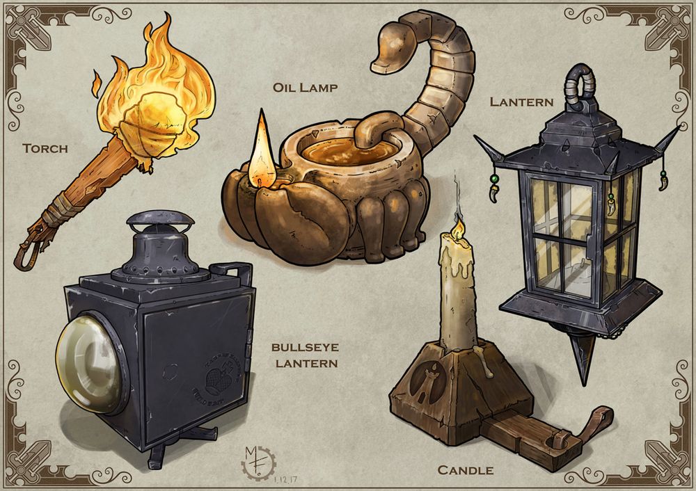 A collection of fantasy game light sources, including a oil lamp in the form of a stylized scorpion. 