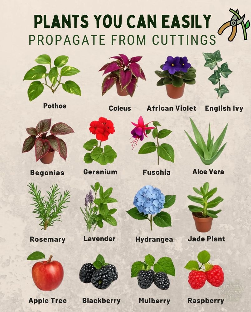 16 Plants You Can Easily Propagate from Cuttings

1. Pothos → vine magic in water  
2. Coleus → colorful in water or soil  
3. African Violet → baby plants from a leaf  
4. English Ivy → fast-growing vine  
5. Begonias → leaf or stem in moist soil  
6. Geranium → quick roots from stem cuttings  
7. Fuchsia → softwood cuttings + blooms  
8. Aloe Vera → pups from the base  
9. Rosemary → semi-hardwood magic  
10. Lavender → softwood or semi-hardwood cuttings  
11. Hydrangea → non-flowering stems in soil  
12. Jade Plant → leaf or stem in dry soil  
13. Apple Tree → hardwood cuttings  
14. Blackberry → stem or root cuttings  
15. Mulberry → softwood cuttings in summer  
16. Raspberry → root or stem cuttings  
