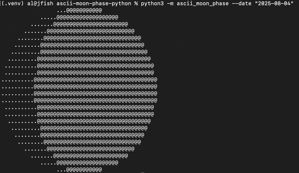 Screenshot of a terminal window with an ASCII art moon, waxing and mostly full.