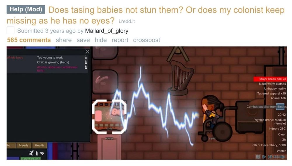 An image of a colonist in a wheelchair shooting lightning out of a laser at a baby in a crib in the game "RimWorld"