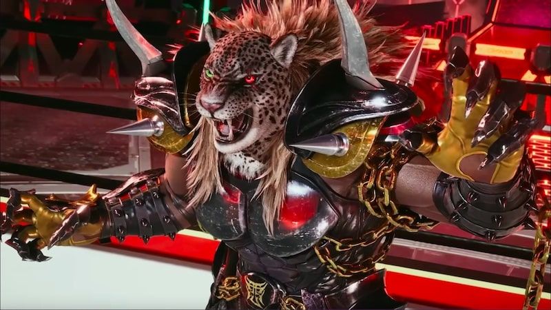 A screenshot of the character Armored King from the Fighting Video Game "Tekken 8." The joke here is Katsuhiro Harada (the games director) was wondering why folks wanted Waffle House as a fighting stage/map in the game.
